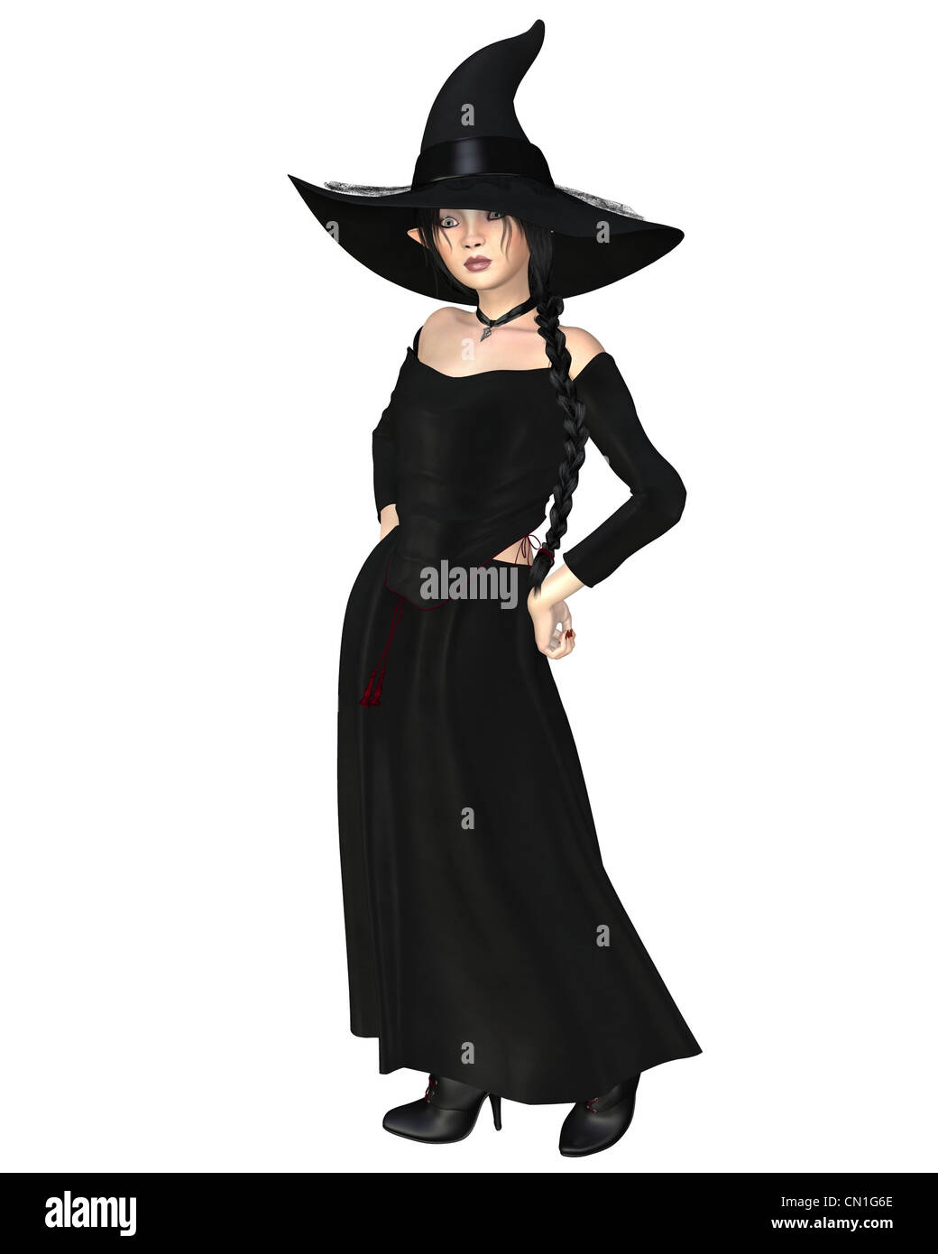 Junge Hexe in schwarzen Hut und Kleid Stockfoto