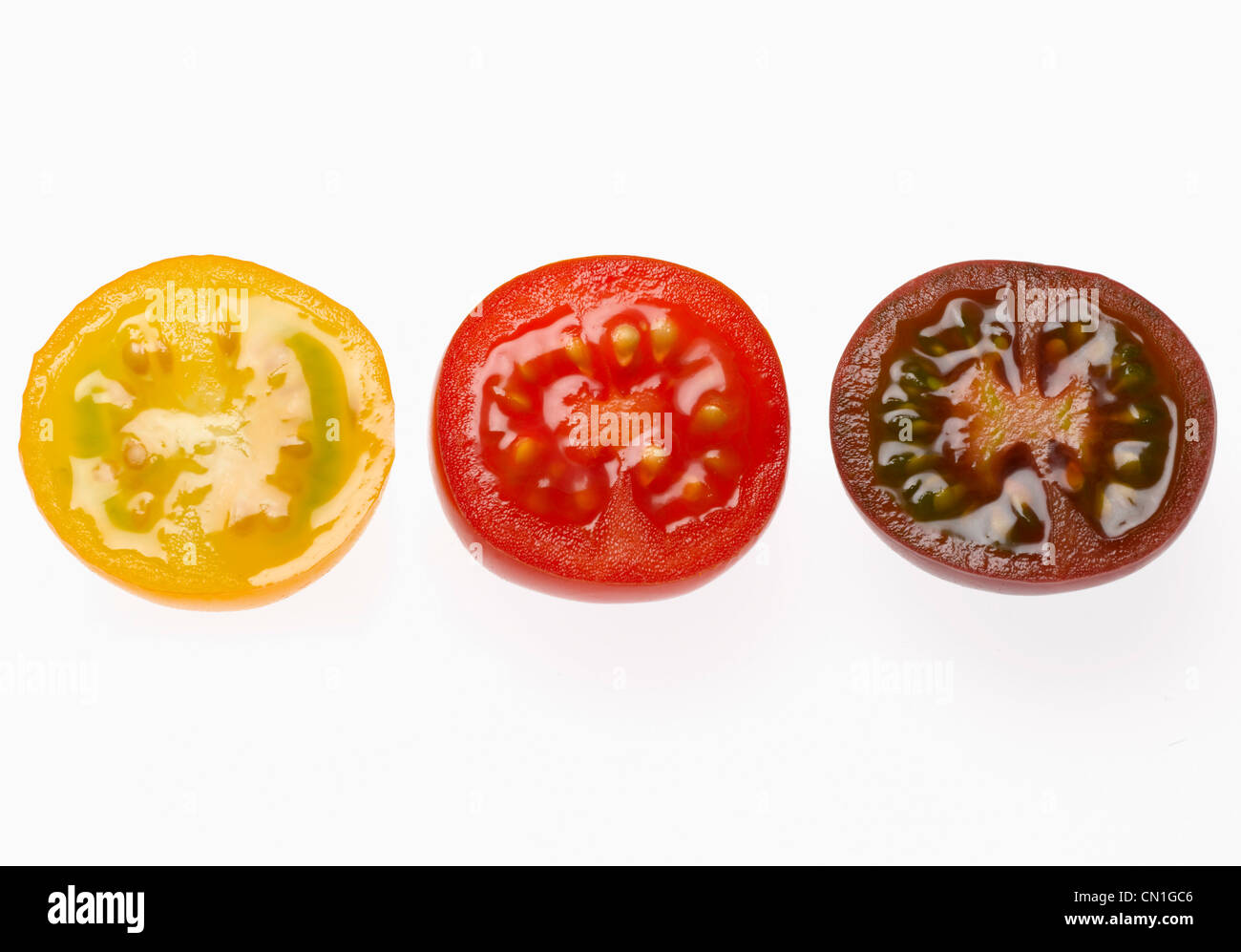 Gelbe, rote und violette Erbstück Cherry-Tomaten Stockfoto