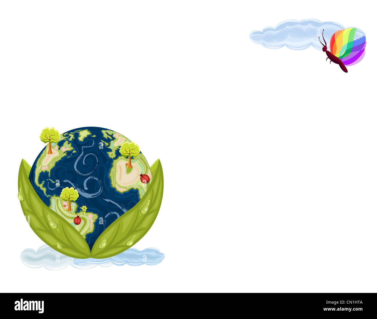 Erhalt der natürlichen Ökosysteme - Planetenerde in grüne Blätter mit Schmetterling und Regenbogen. Isoliert auf weißem Hintergrund Stockfoto Erhalt der natürlichen Ökosysteme - Planetenerde in grüne Blätter mit Schmetterling und Regenbogen. Isoliert auf weißem Hintergrund Stockfoto