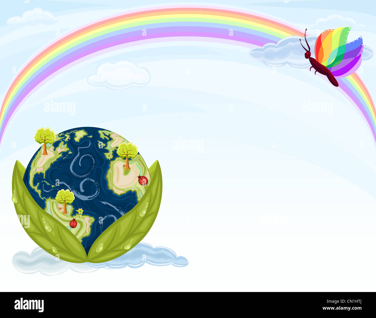 Grüne Erde - Erhaltung unserer schönen Natur. Planetenerde in grüne Blätter mit blauen Himmel und Regenbogen. Stockfoto