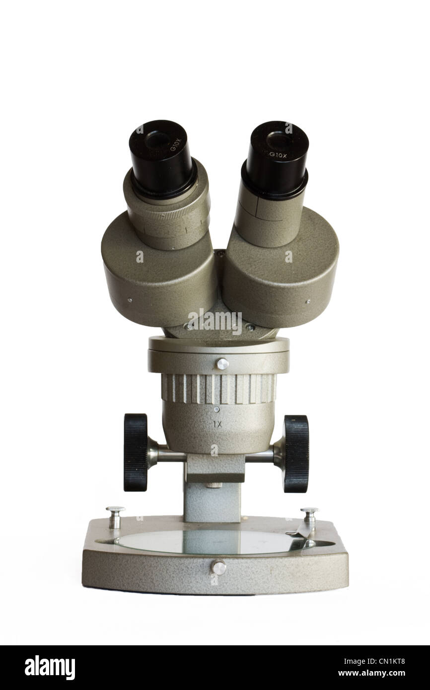 Ein Mikroskop, isoliert auf weiss Stockfoto