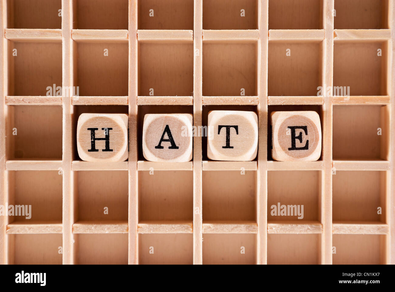 Hass-Wort-Bau mit Buchstaben blockiert / Würfel und eine geringe Schärfentiefe Stockfoto