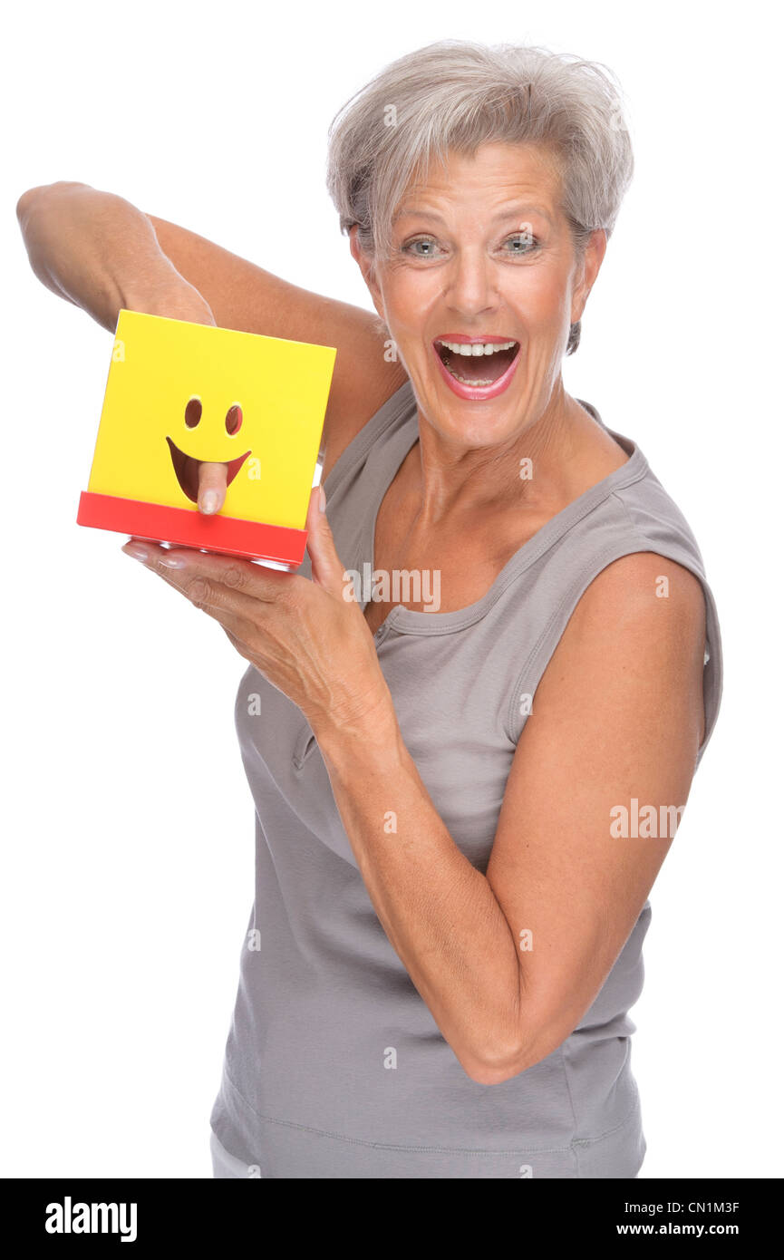 Voll isolierte Portrait einer älteren Frau mit box Stockfoto