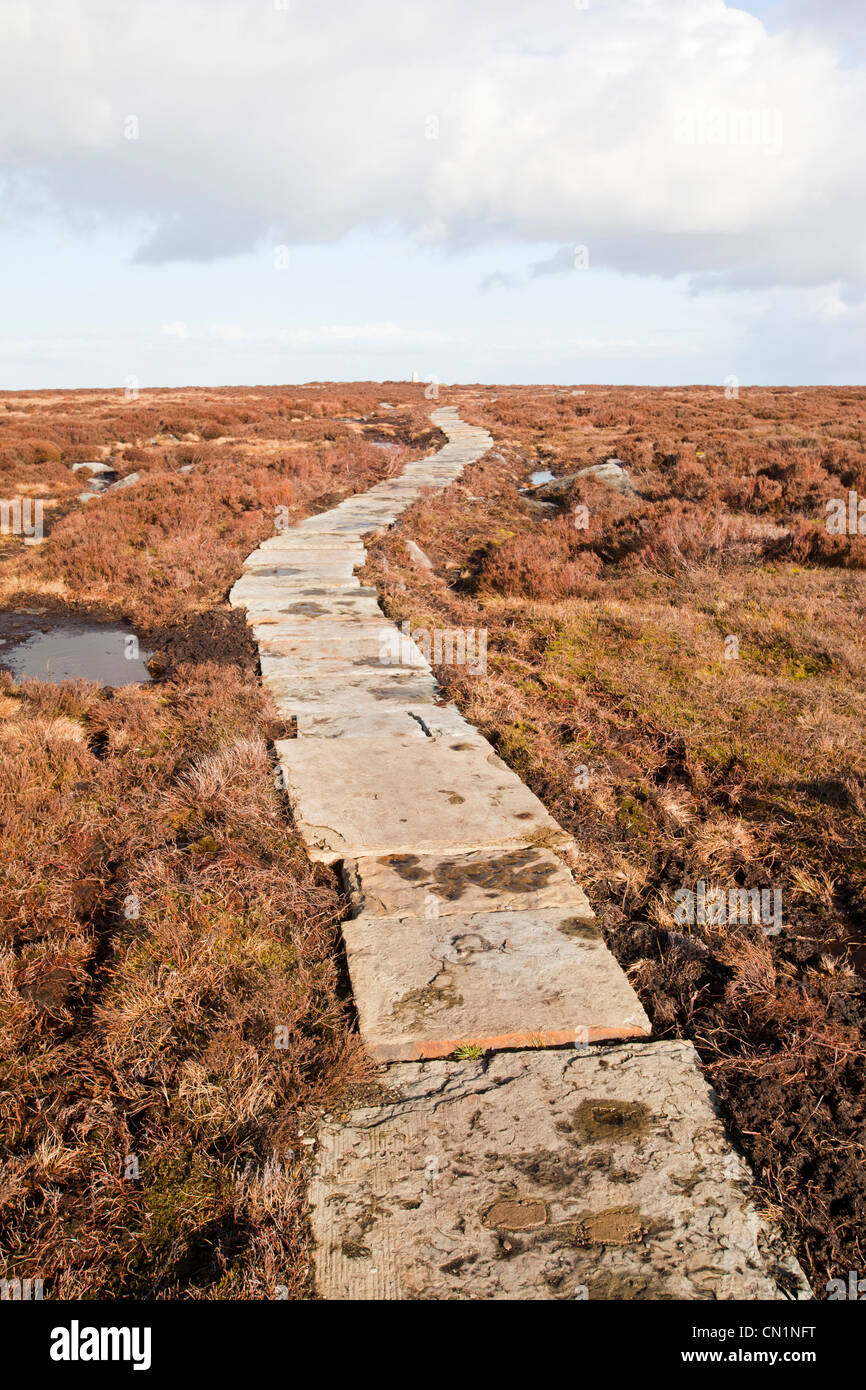 Ein Stein Flagge Weg zur Bekämpfung der Erosion der Torf, der Gipfel des Ilkley Moor, West Yorkshire, Großbritannien Stockfoto