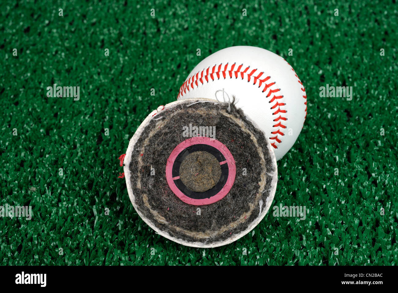 Querschnitt durch einen großen Rawlings Liga Baseball. Verfügt über ein Korken in zwei Kautschuk lagen, Lagen Garn, Lederhülle ummantelt Stockfoto