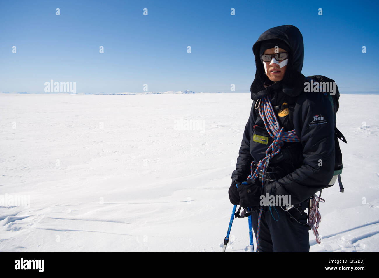 Porträt der Polarforscher, im Landesinneren Eiskappe, Grönland - Herr Stockfoto