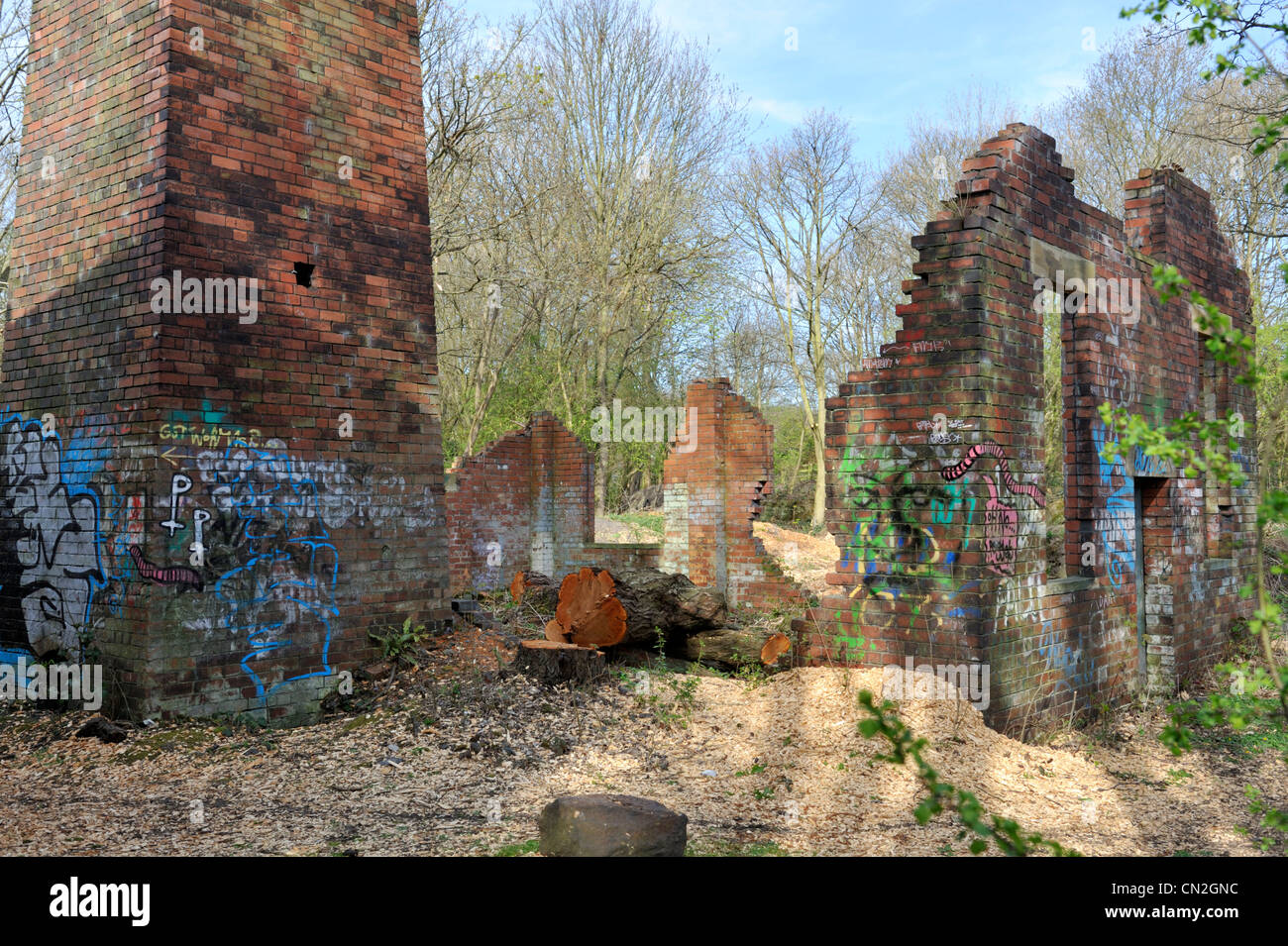 Verfallene industrielle Gebäude und Schornstein, Leeds, West Yorkshire Stockfoto