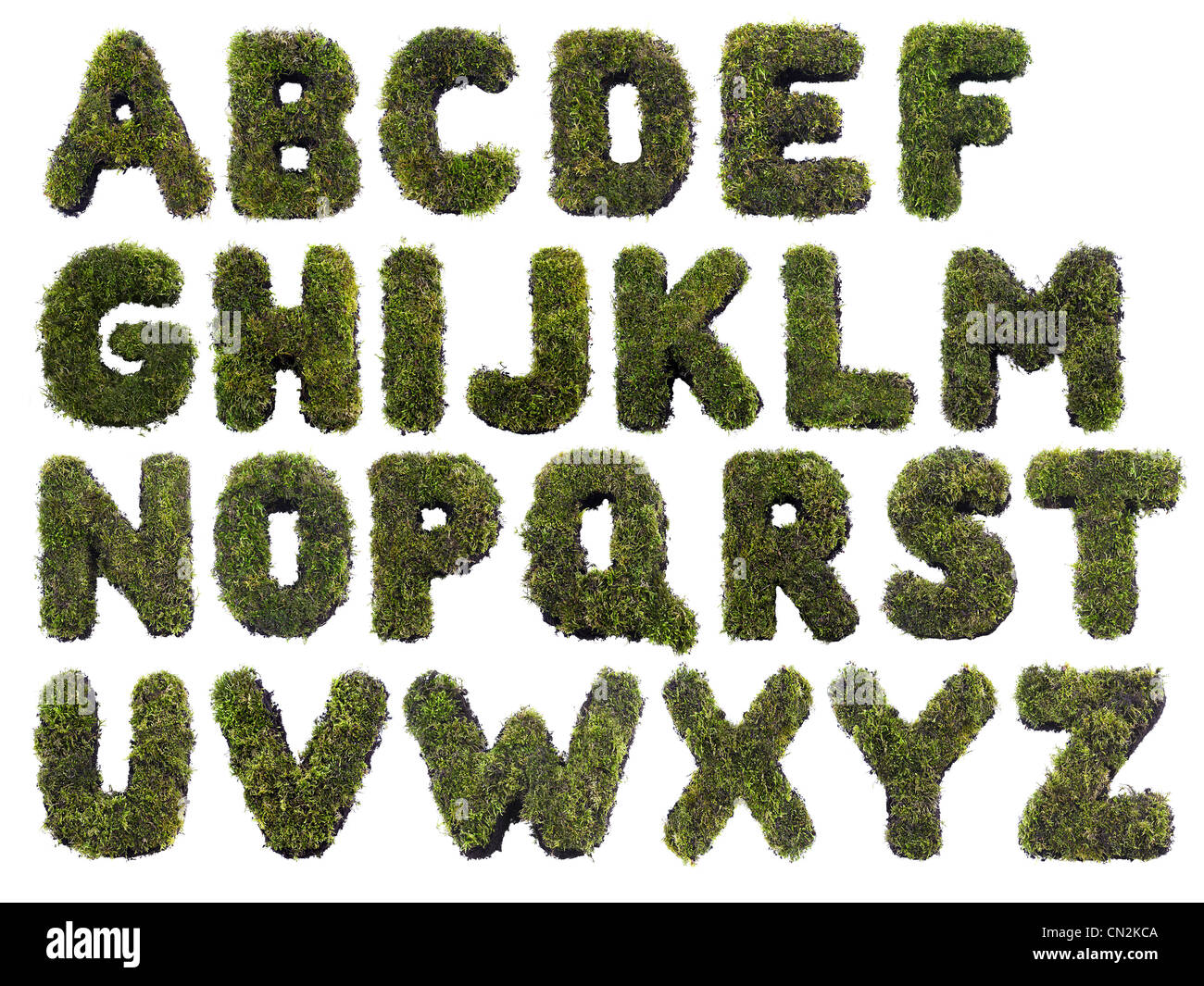 Lateinische Alphabet Buchstaben hergestellt aus Rasen auf weiß Stockfoto