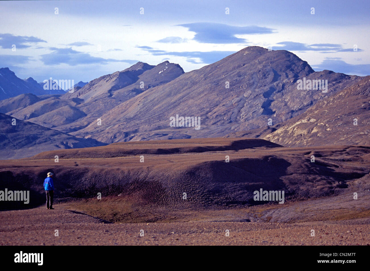 Wandern um Mitternacht auf Ellesmere Insel, Nunavut Stockfoto