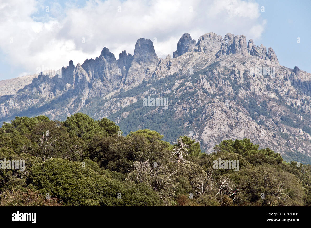 Die gezackten Gipfel der Aiguilles de Bavella, von der Stadt Quenza aus gesehen, in der südlichen Region Alta Rocca von Korsika, Frankreich. Stockfoto