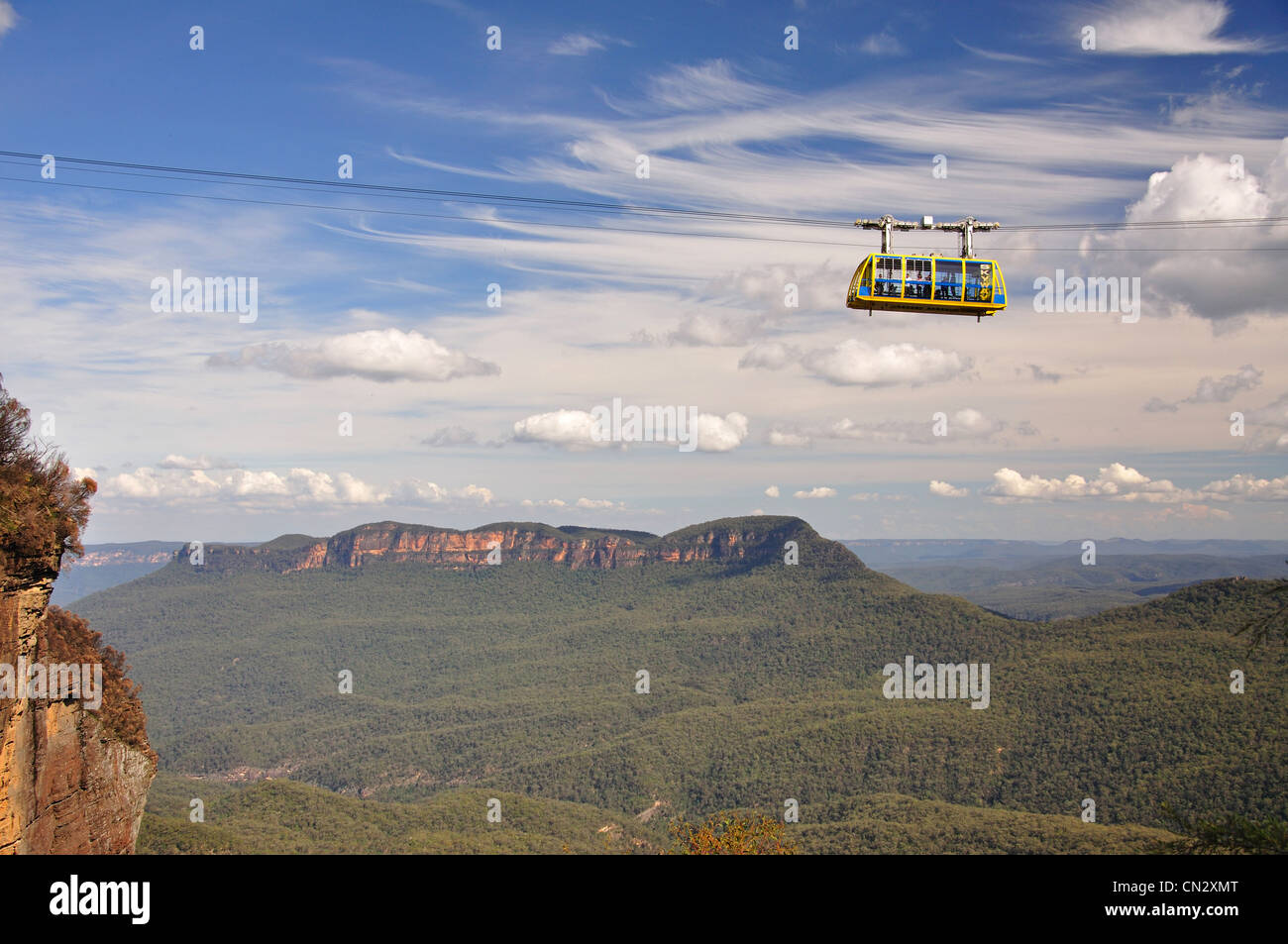 Blick auf Scenic Skyway-Seilbahn über das Jamison Valley, Blue Mountains, New South Wales, Australien Stockfoto
