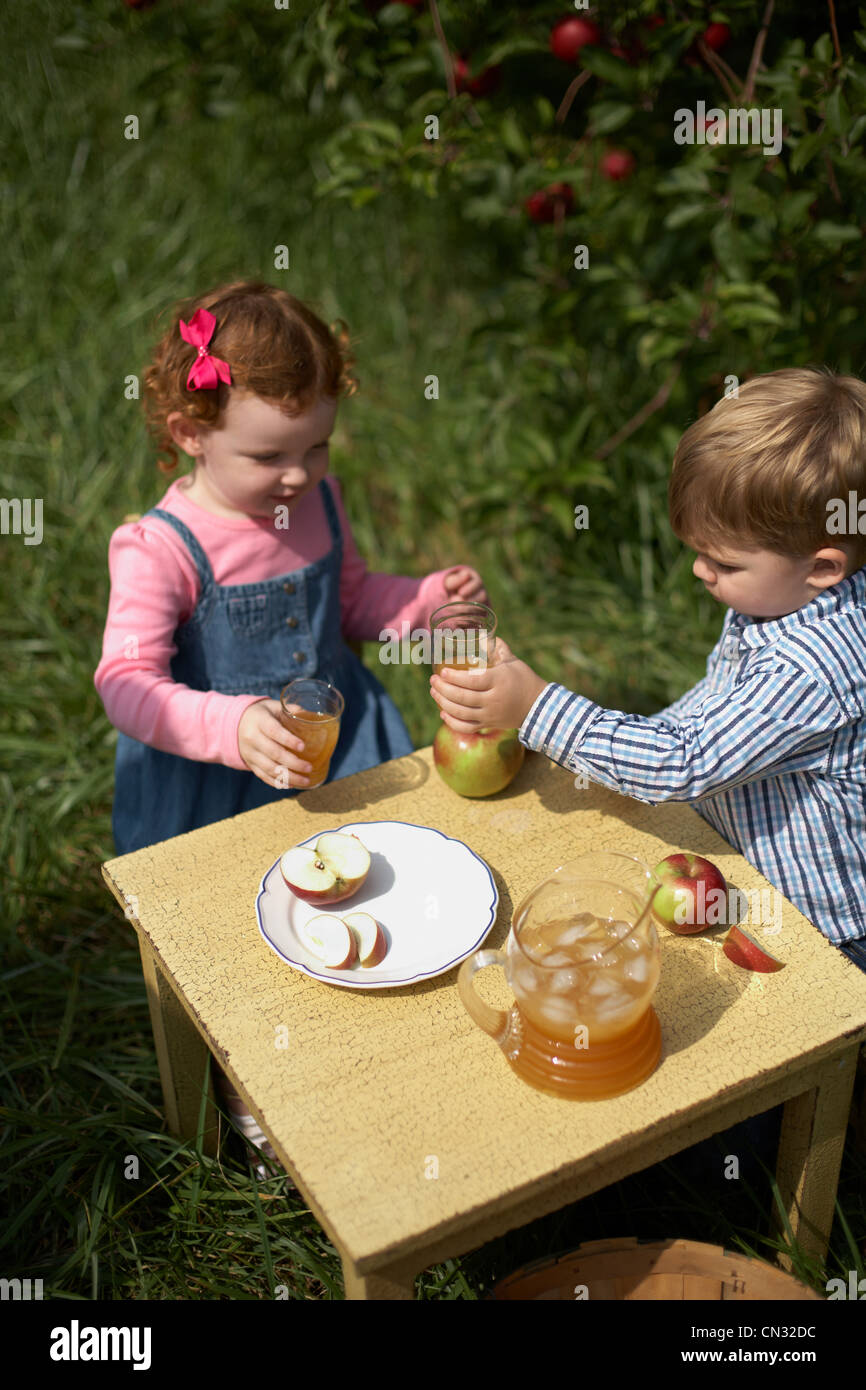 Kinder sitzen am Tisch trinken frischer Apfelsaft Stockfoto