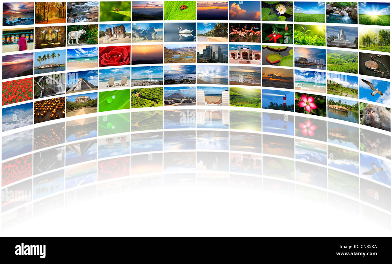 Abstrakte Multimedia-Hintergrund, bestehend aus vielen Bildern mit Reflexion und textfreiraum am unteren Stockfoto