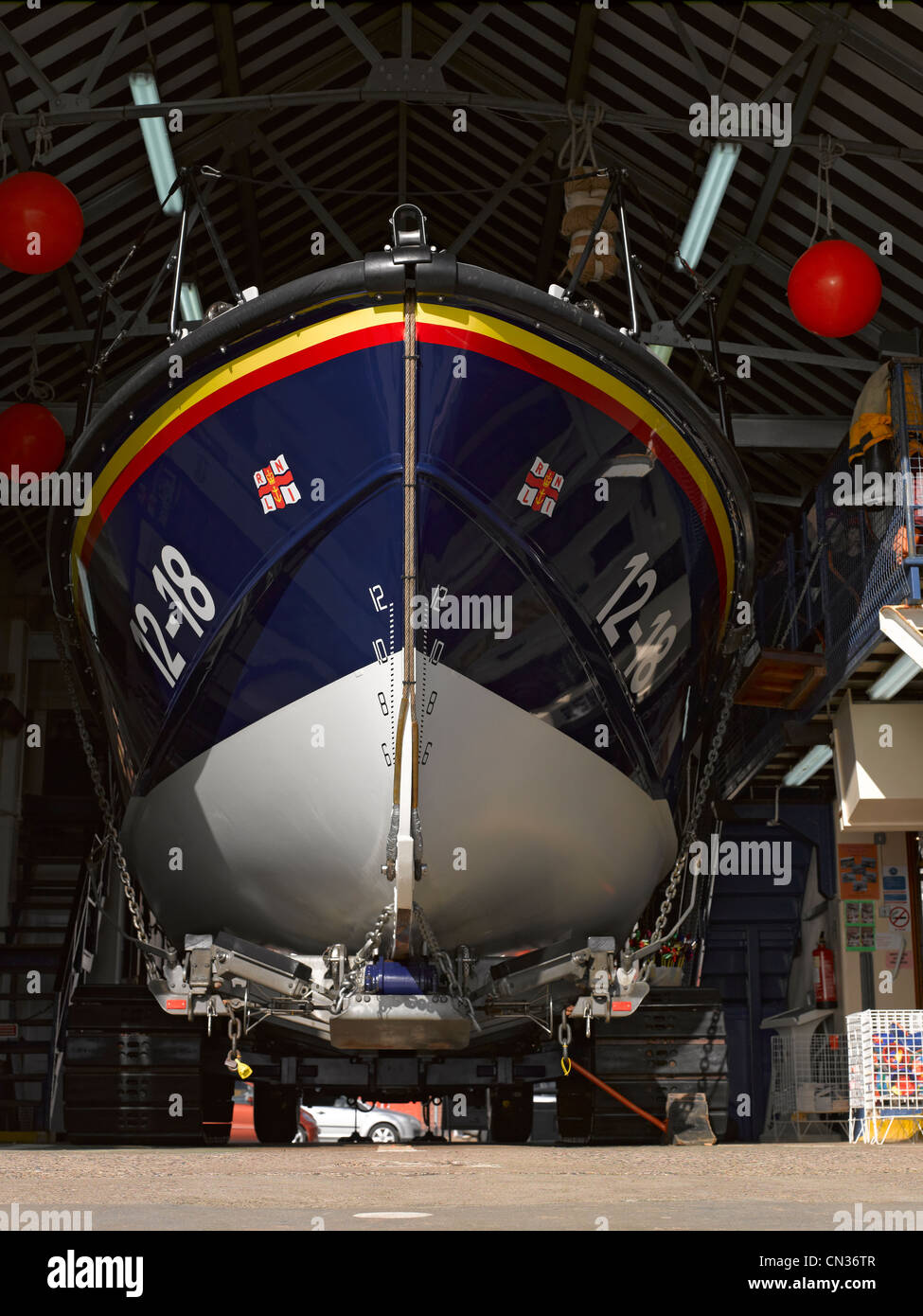 Nahaufnahme des Mersey Class RNLI Rettungsboots auf der Station Scarborough North Yorkshire England Großbritannien GB Vereinigtes Königreich Stockfoto