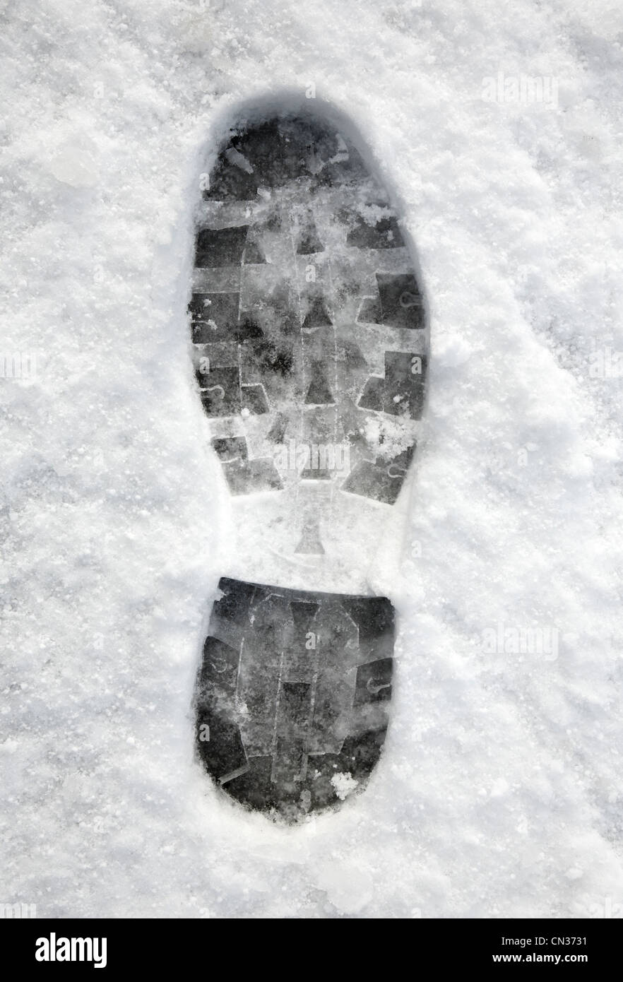 Nahaufnahme eines Footprints im Schnee. Stockfoto