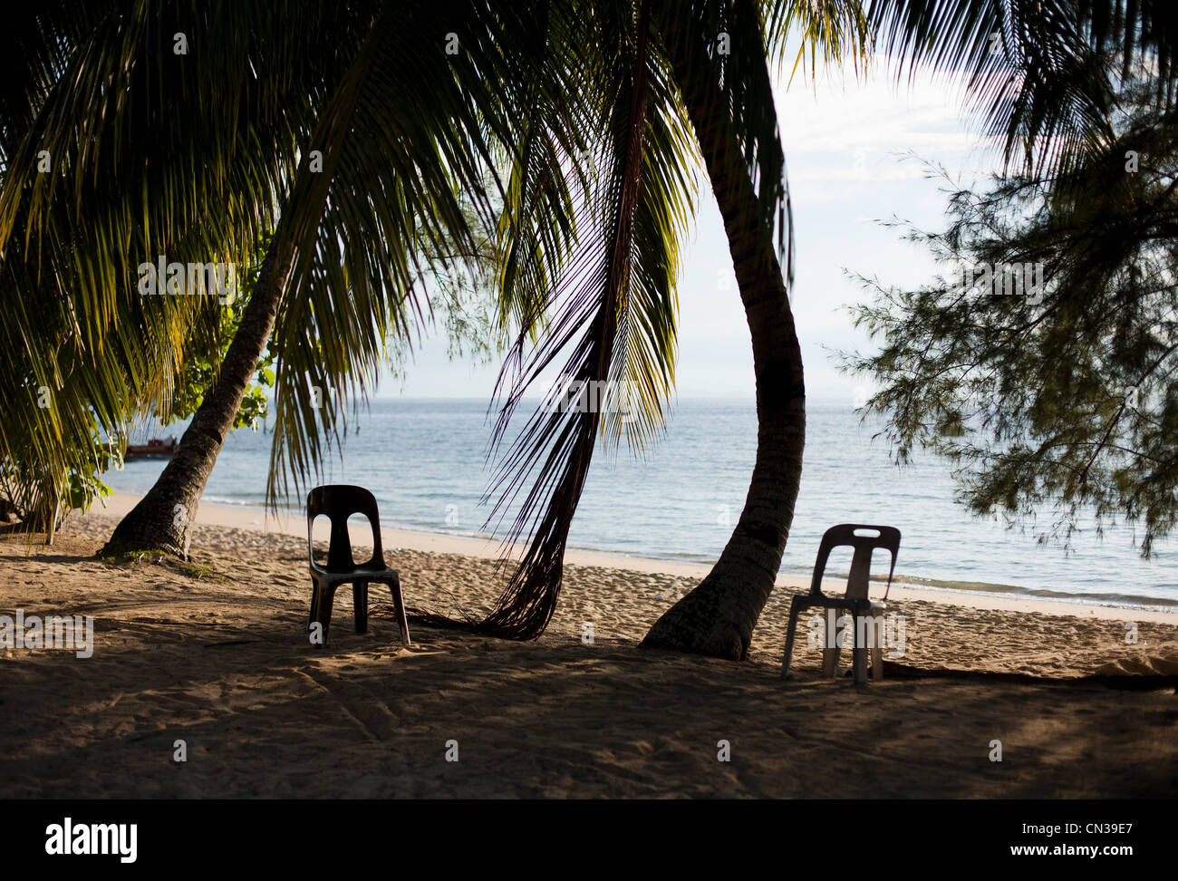 Stühle an einem tropischen Strand, Tioman Island, Malaysia Stockfoto