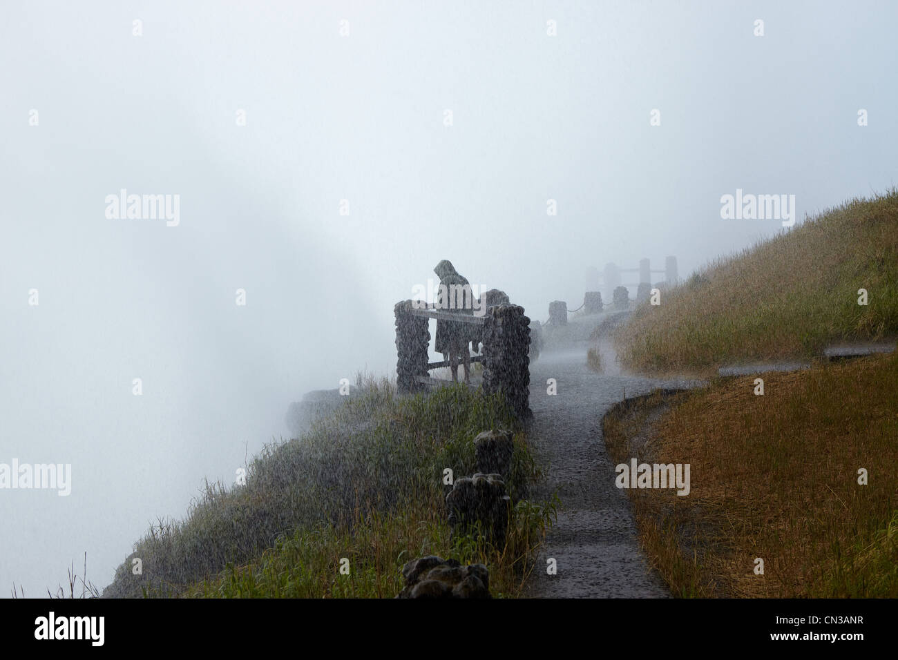 Frau mit Blick auf Victoria Falls, Sambia, Afrika Stockfoto