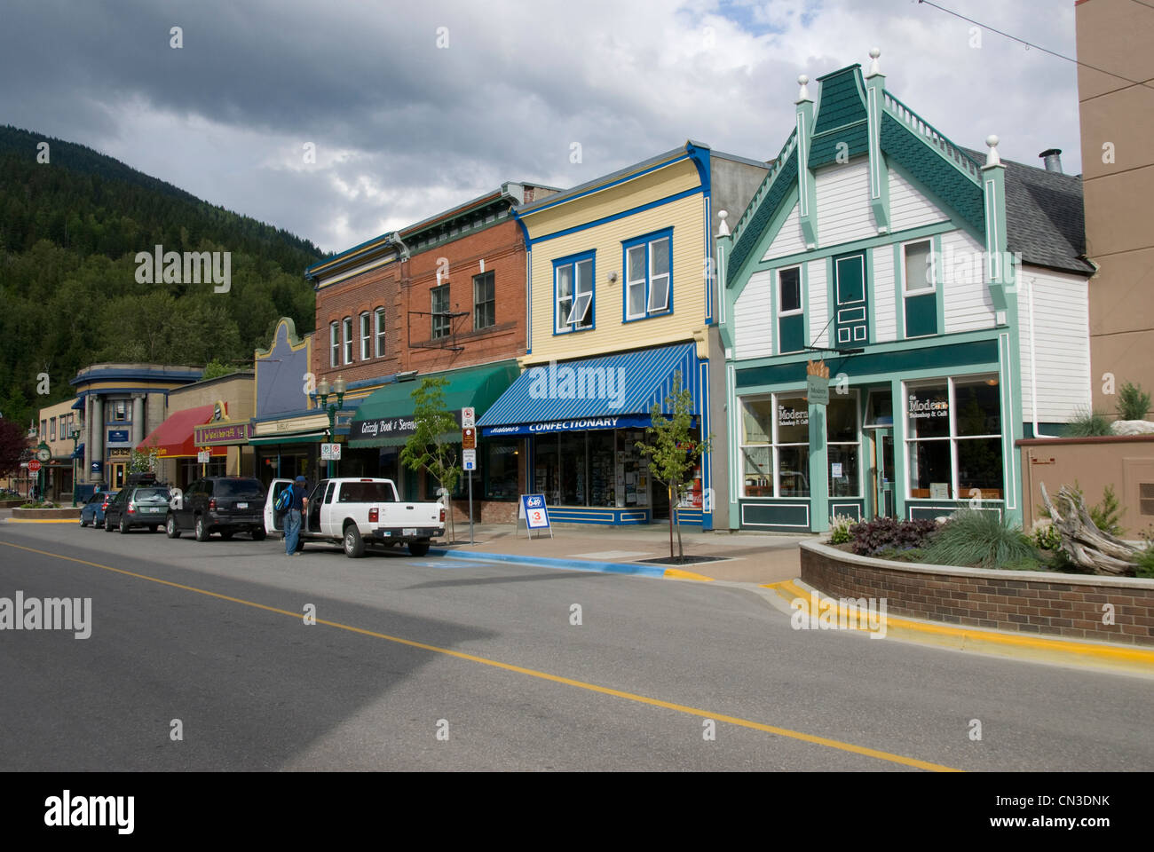 Alte Geschäfte, Revelstoke, Britisch-Kolumbien, Kanada Stockfoto