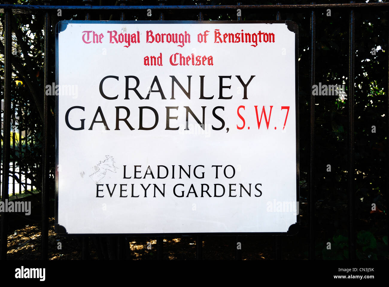 Cranley Gardens SW7 Straßenschild, South Kensington, London, UK Stockfoto