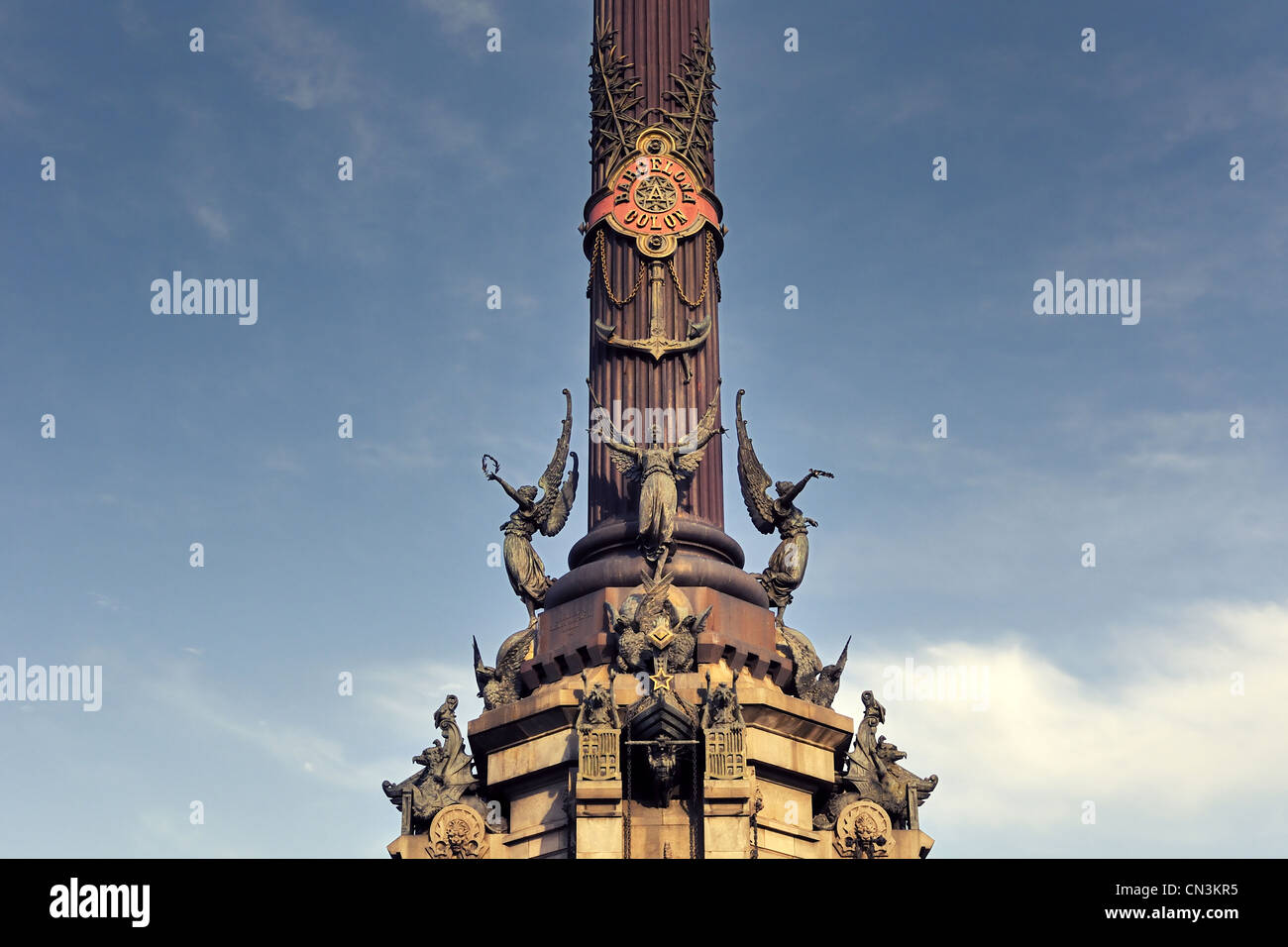 Fragment des berühmten Denkmal für Christopher Columbus am unteren Ende der La Rambla, Barcelona, Spanien Stockfoto