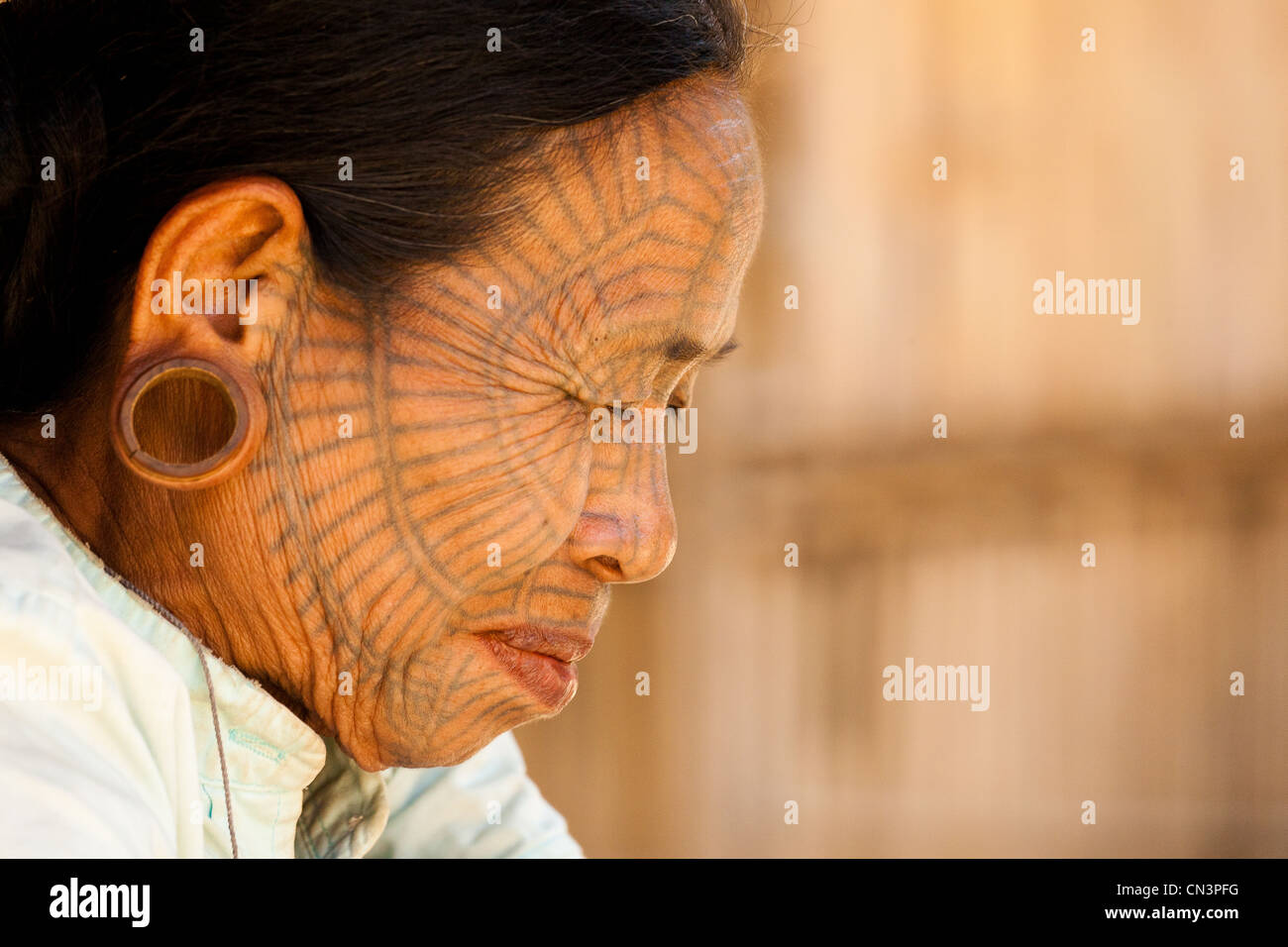 Myanmar (Burma), Rakhine (Arakan) state, Mrauk U, Kinn Dorf tätowierte Dame Portrait, Spinnenfrau Stockfoto