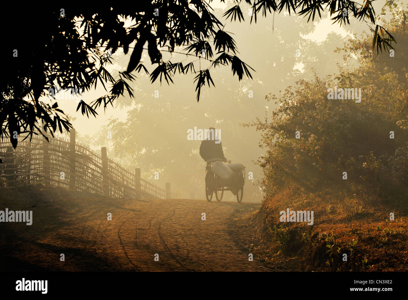 Myanmar (Burma), Rakhine State (Arakan), Mrauk U, Menschen im Moring Nebel Stockfoto