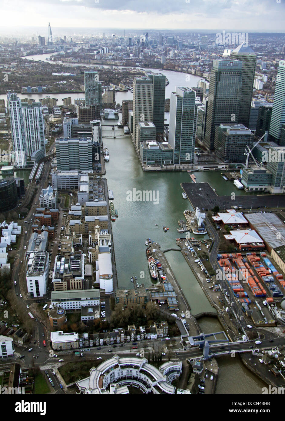 Luftaufnahme der South Docks in Londons Docklands, London E14 Stockfoto