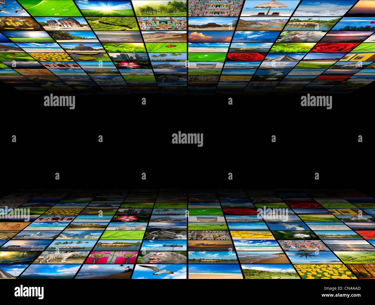 Abstrakte Multimedia-Hintergrund, bestehend aus vielen Bildern mit Exemplar in der Mitte Stockfoto