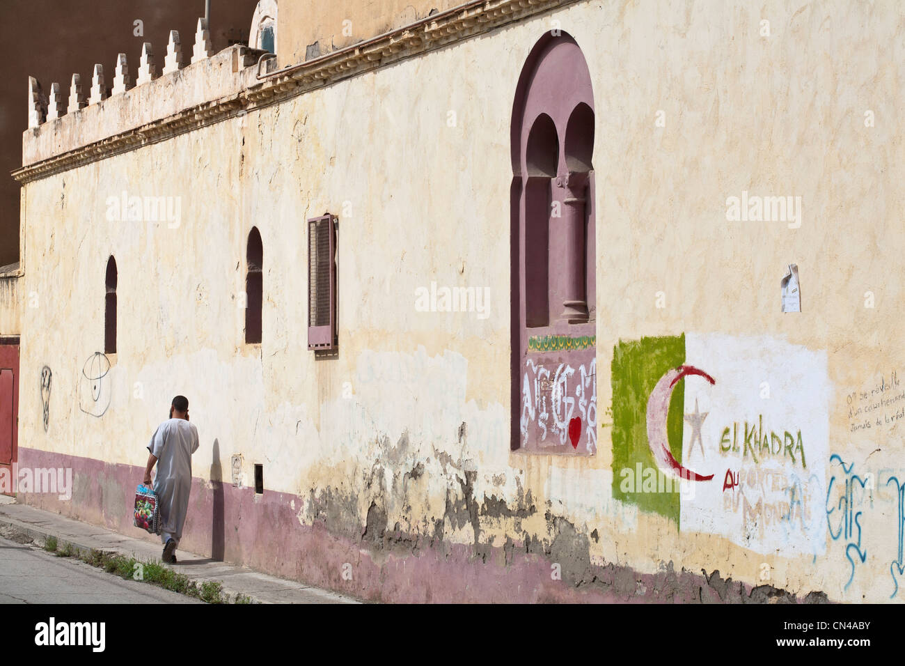 Algerien, Tipaza Wilaya, Cherchell, algerische Flagge gemalt auf Hauswand in der Altstadt Stockfoto