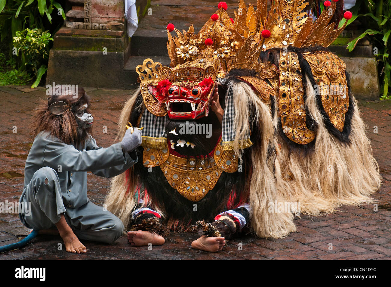 Indonesien, Bali Insel, Batubulan Dorf Barong Tanz, der Barong, König des Heiligen Geistes, halb Löwe halb Schlange Stockfoto