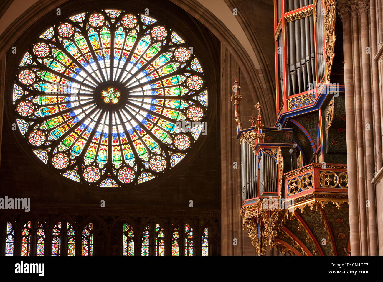 Frankreich, Bas Rhin, Straßburg, Altstadt als Weltkulturerbe der UNESCO, die Kathedrale Notre Dame, 15 m im Durchmesser, stieg Orgel Stockfoto