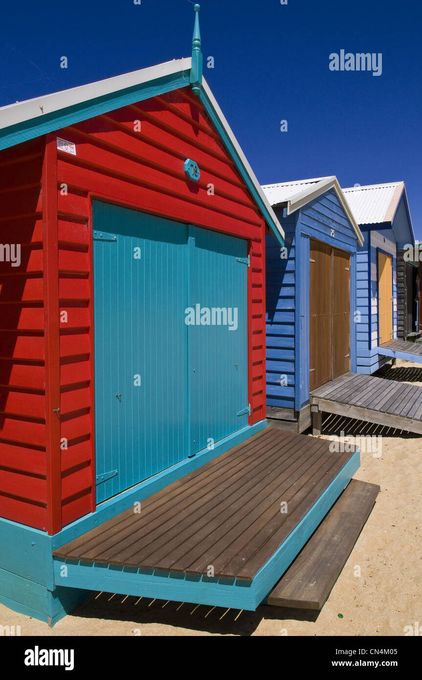 Australien, Victoria, Mornington Peninsula, die berühmten farbigen Strandhütten Mount Martha Beach an der Westküste Stockfoto