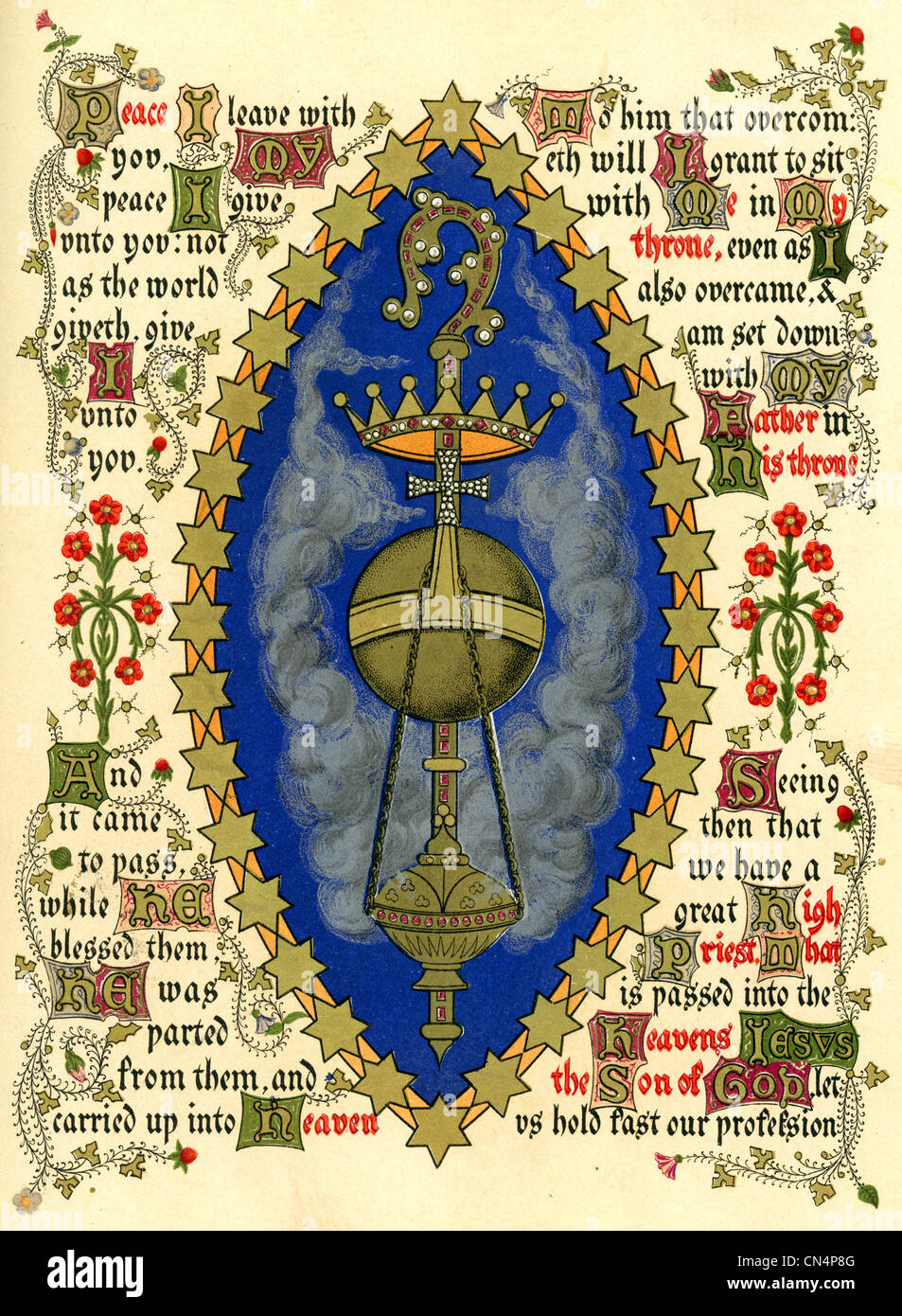 Beleuchtete Symbol, das Fest der Himmelfahrt darstellen. Eine große Vesica, umgeben mit den Sternen des Himmels innerhalb einer Crozier. Stockfoto