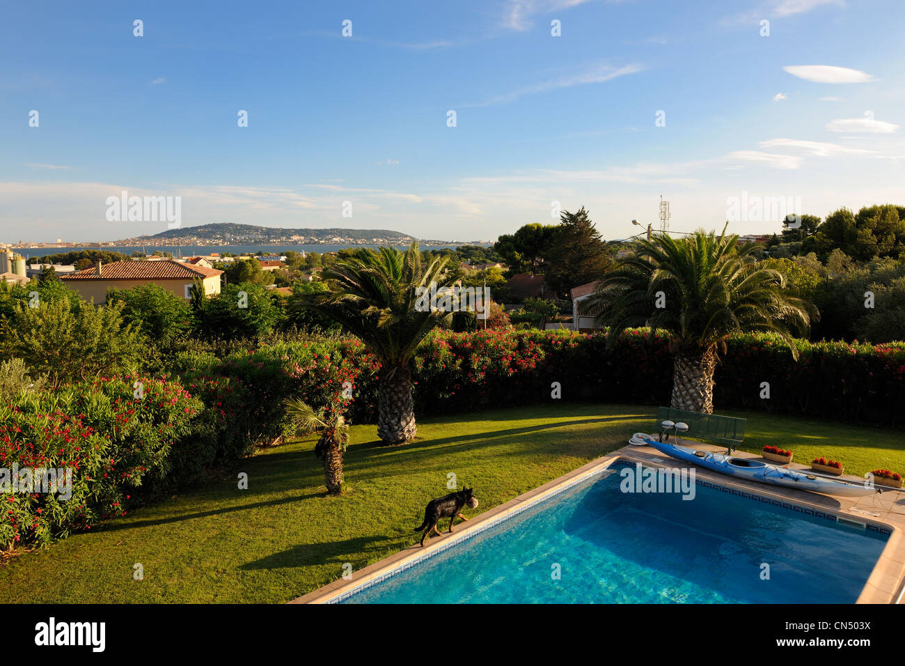 Frankreich, Herault, Balaruc-Les-Bains, in der Nähe von Hund ein Schwimmbad mit dem Mont Saint-Clair im Hintergrund Stockfoto