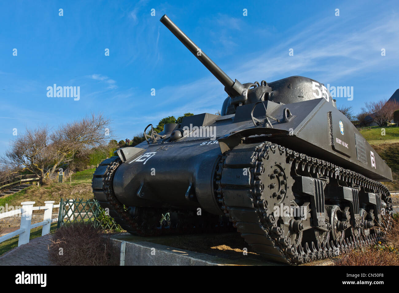 Frankreich, Calvados, Arromanches-Les-Bains, französische Char Sherman Stockfoto