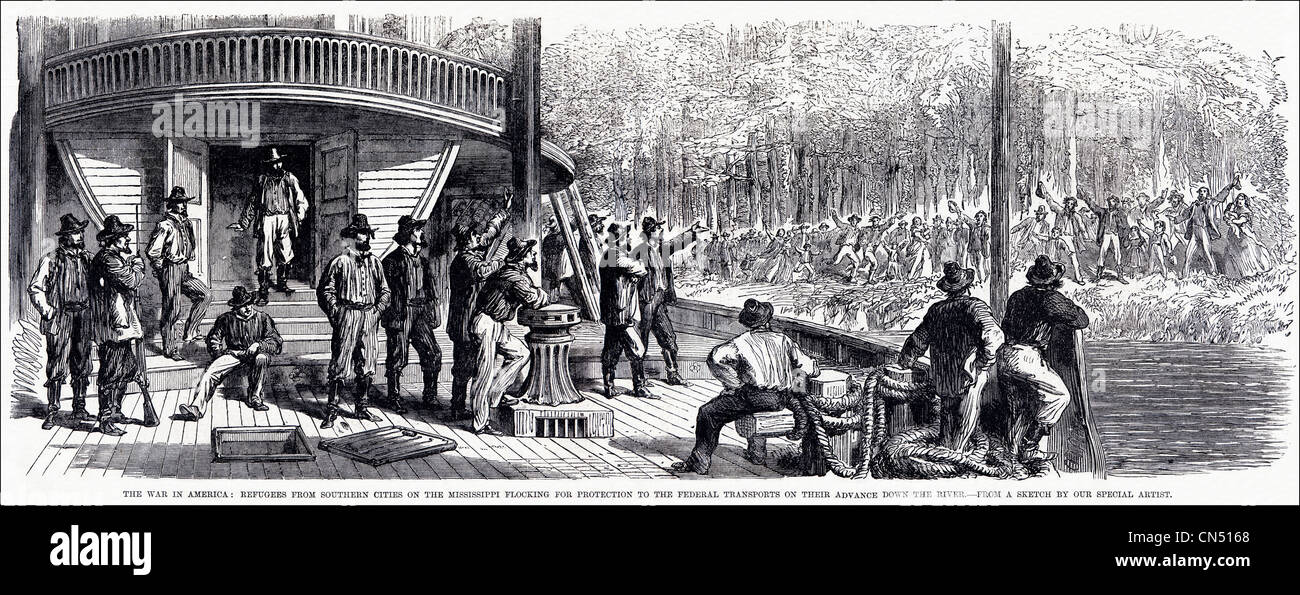 Amerikanischer Bürgerkrieg 1861 - 1865 Flüchtlinge aus den südlichen Städten auf dem Mississippi suchen Schutz auf Bundes Boote Reisen hinter einem viktorianischen Gravur vom 5. Juli 1862 Stockfoto
