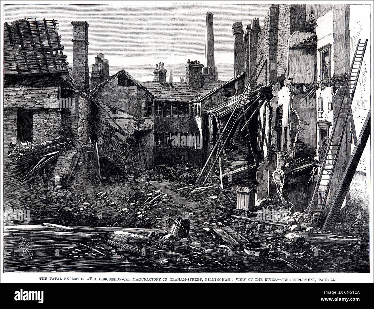 Nachwirkungen der Percussion-cap factory Explosion in Graham Street Birmingham viktorianischen Gravur aus der Illustrated London News 5. Juli 1862 Stockfoto