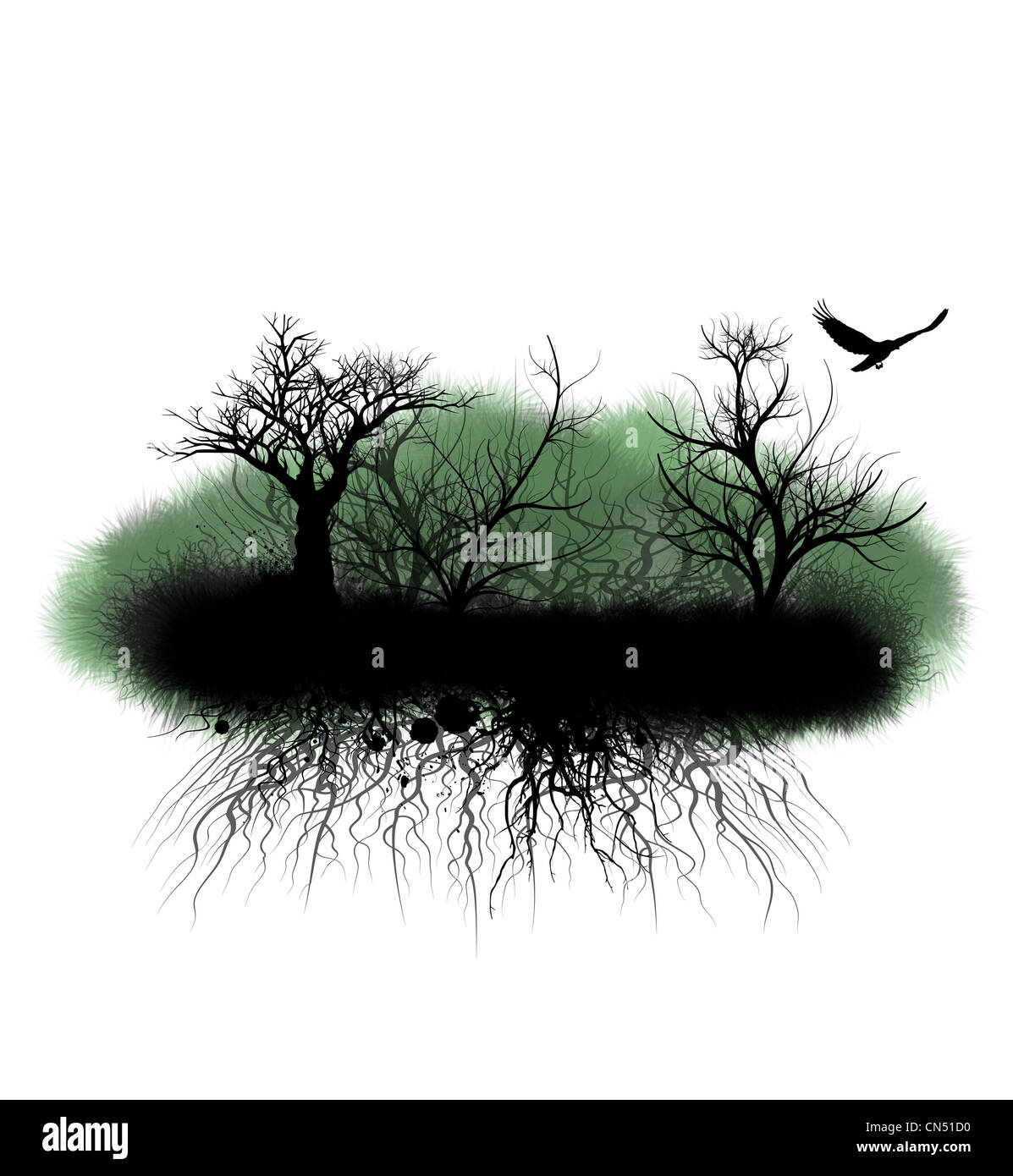 Grunge-Bäume und Wurzeln Collage Stockfoto