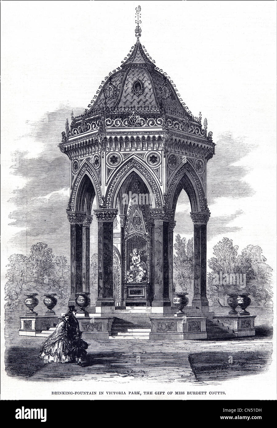 Im viktorianischen London. Kunstvolle Brunnen, Victoria Park London viktorianischen Gravur vom 5. Juli 1862 Stockfoto