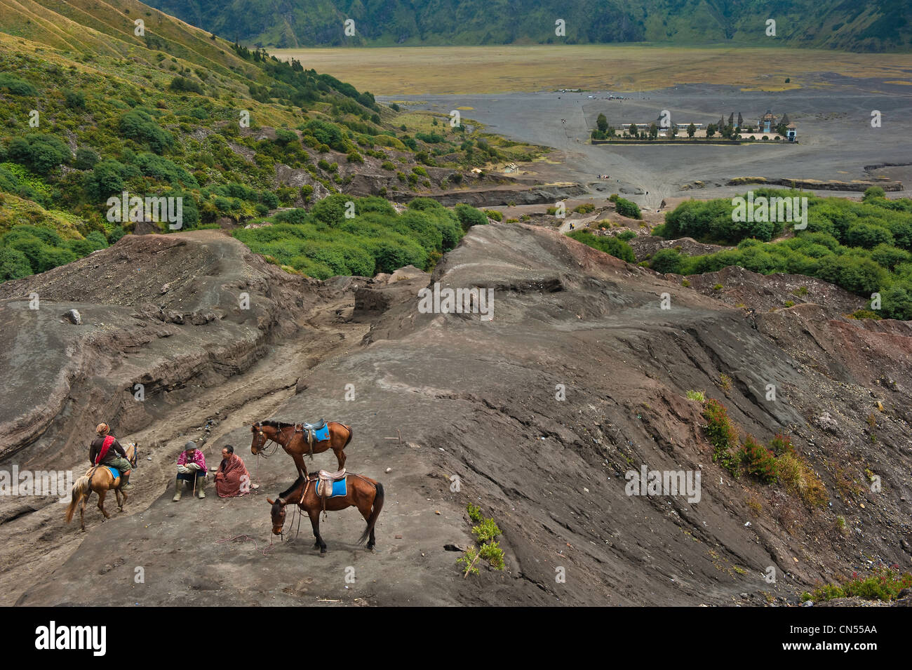 Indonesien, Java, Provinz Ost-Java, Bromo Tengger Semeru Nationalpark, Reiter bringen Touristen auf Gunung Bromo Krater Stockfoto