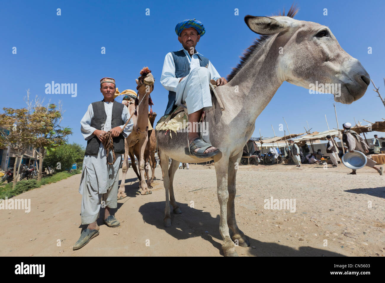 Afghanistan, Provinz Faryab, Andkhoi, Markt, Menschen und Esel Stockfoto