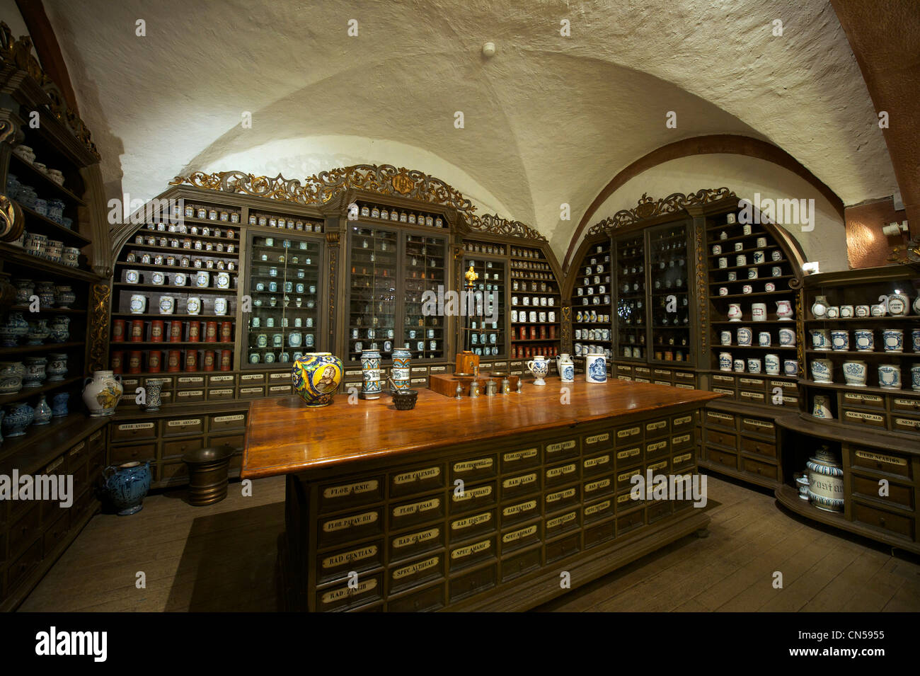 Deutschland, Baden Württemberg, Heidelberger Schloss, Deutsches Apothekenmuseum (deutsches Museum der Apotheke), Offizin des Stockfoto