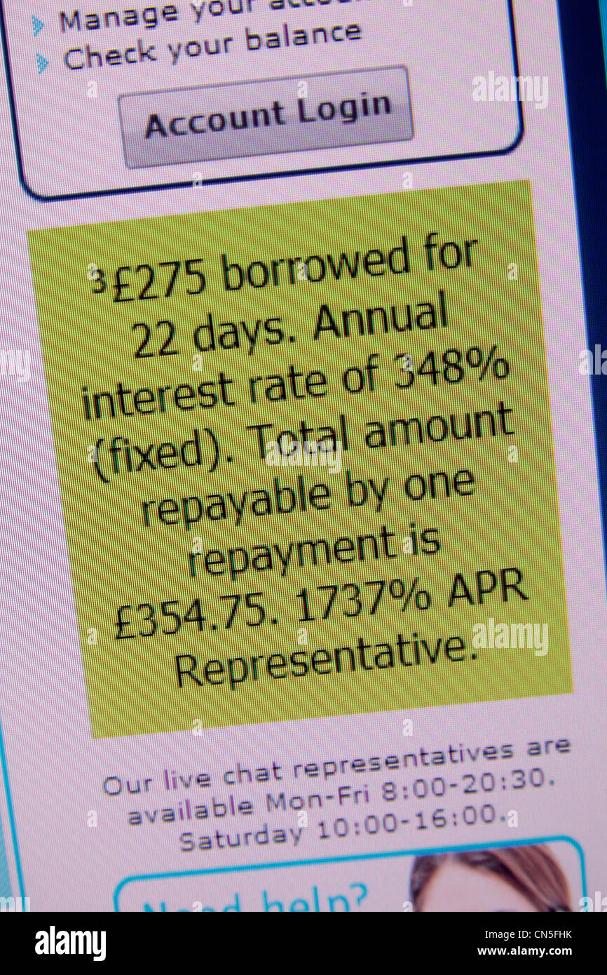Einen Screenshot der Zahltag UK-Website zeigt repräsentative APR Zinsen und ein Beispiel für Rückzahlungen Stockfoto
