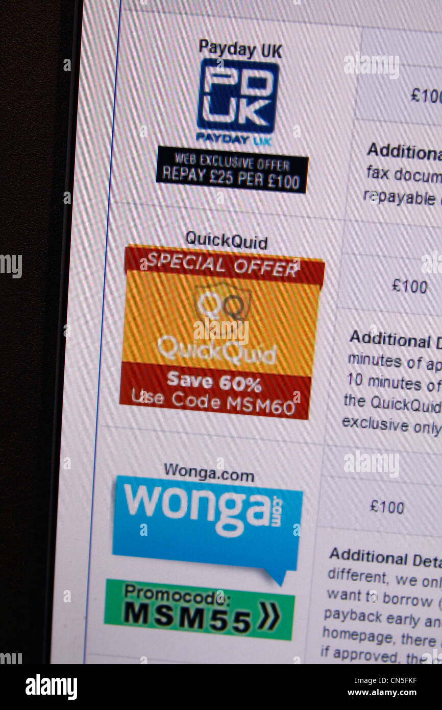 Ein Screenshot zeigt eine Auswahl von Zahltag Darlehen Unternehmen im Vereinigten Königreich (UK Zahltag, QuickQuid & Wonga.com). Stockfoto