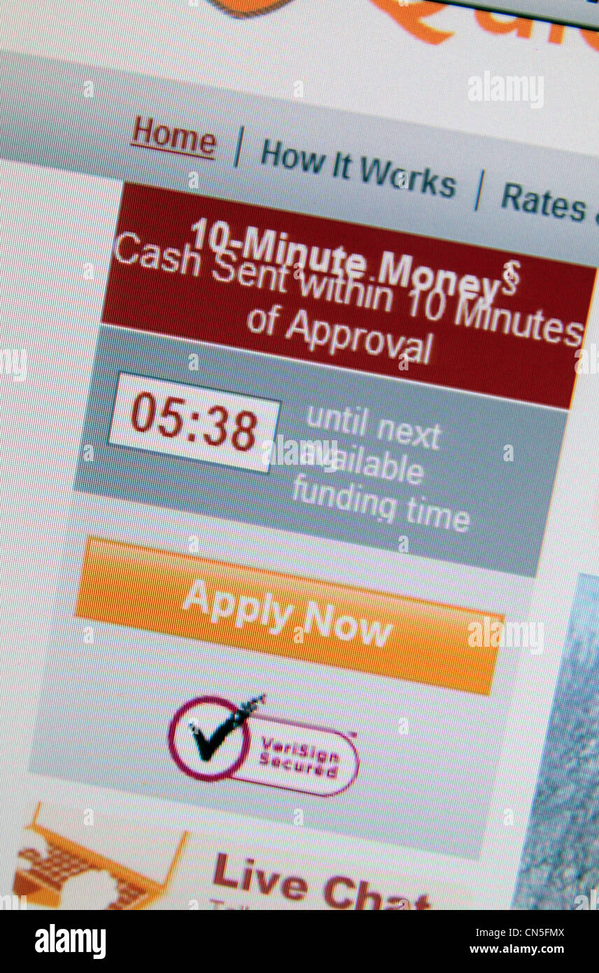 Ein Screenshot der Website QuickQuid, einem Zahltag Darlehen Unternehmen im Vereinigten Königreich, Werbung 10 Minuten Geld. Stockfoto