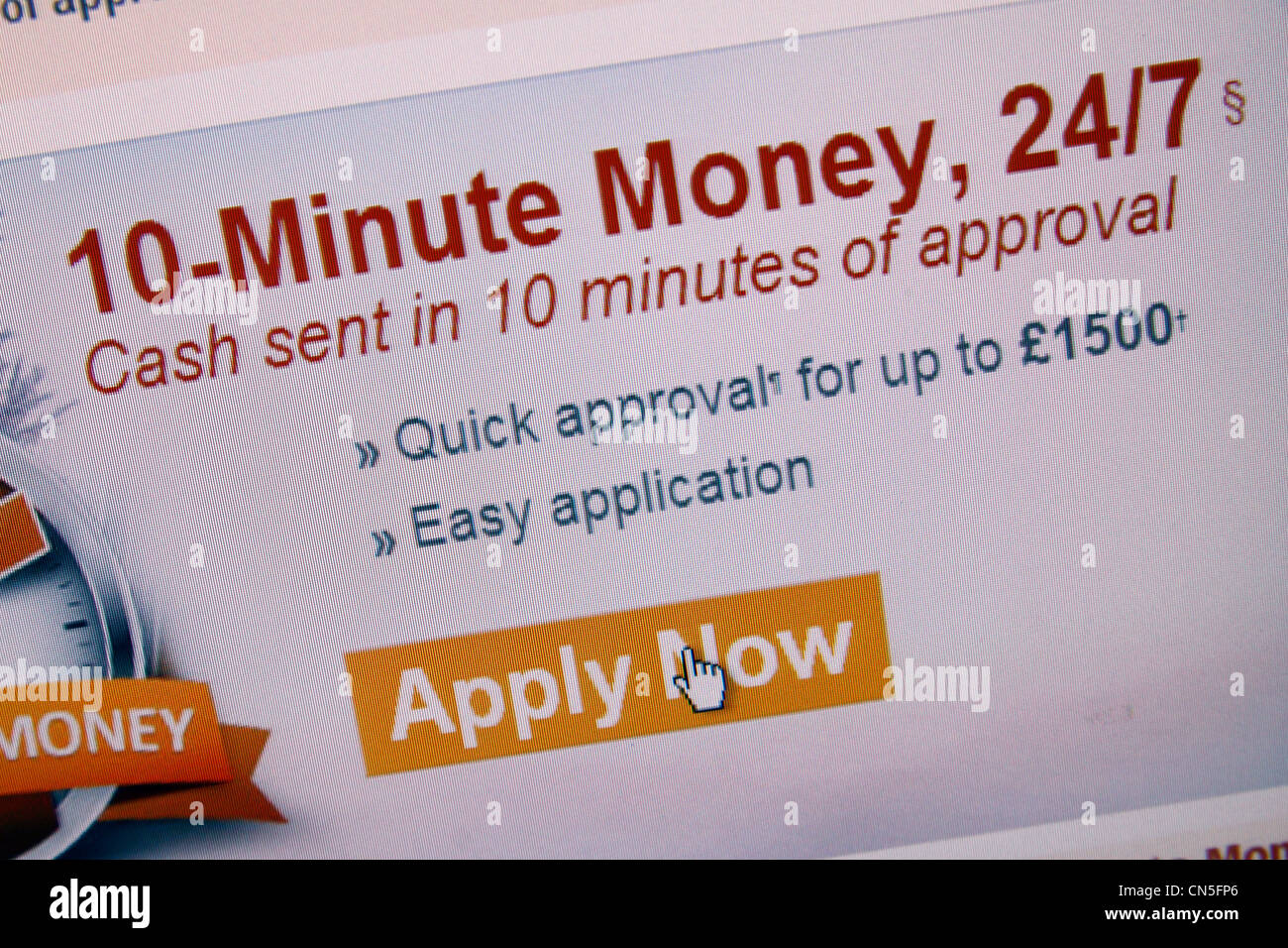 Ein Screenshot der Website QuickQuid, einem Zahltag Darlehen Unternehmen im Vereinigten Königreich, Werbung 10 Minuten Geld. Stockfoto