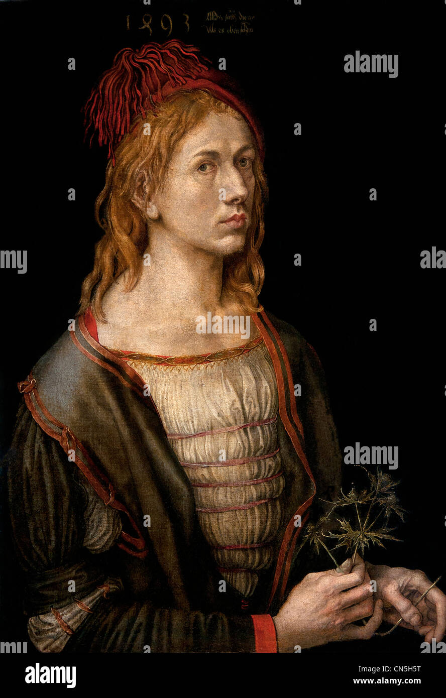 Albrecht Dürer 1471-1528 Selbstporträt als junger Mann hält Pflanze Eryngium Distel vielleicht Treue Symbol Deutsch Deutschland Stockfoto