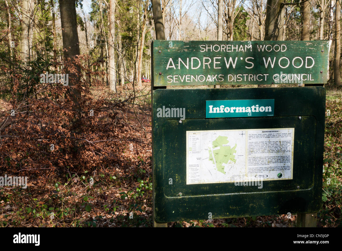 Hinweisschild für Andrew es Holz, eine Fläche von Annehmlichkeit Wald in der Nähe von Sevenoaks. Stockfoto