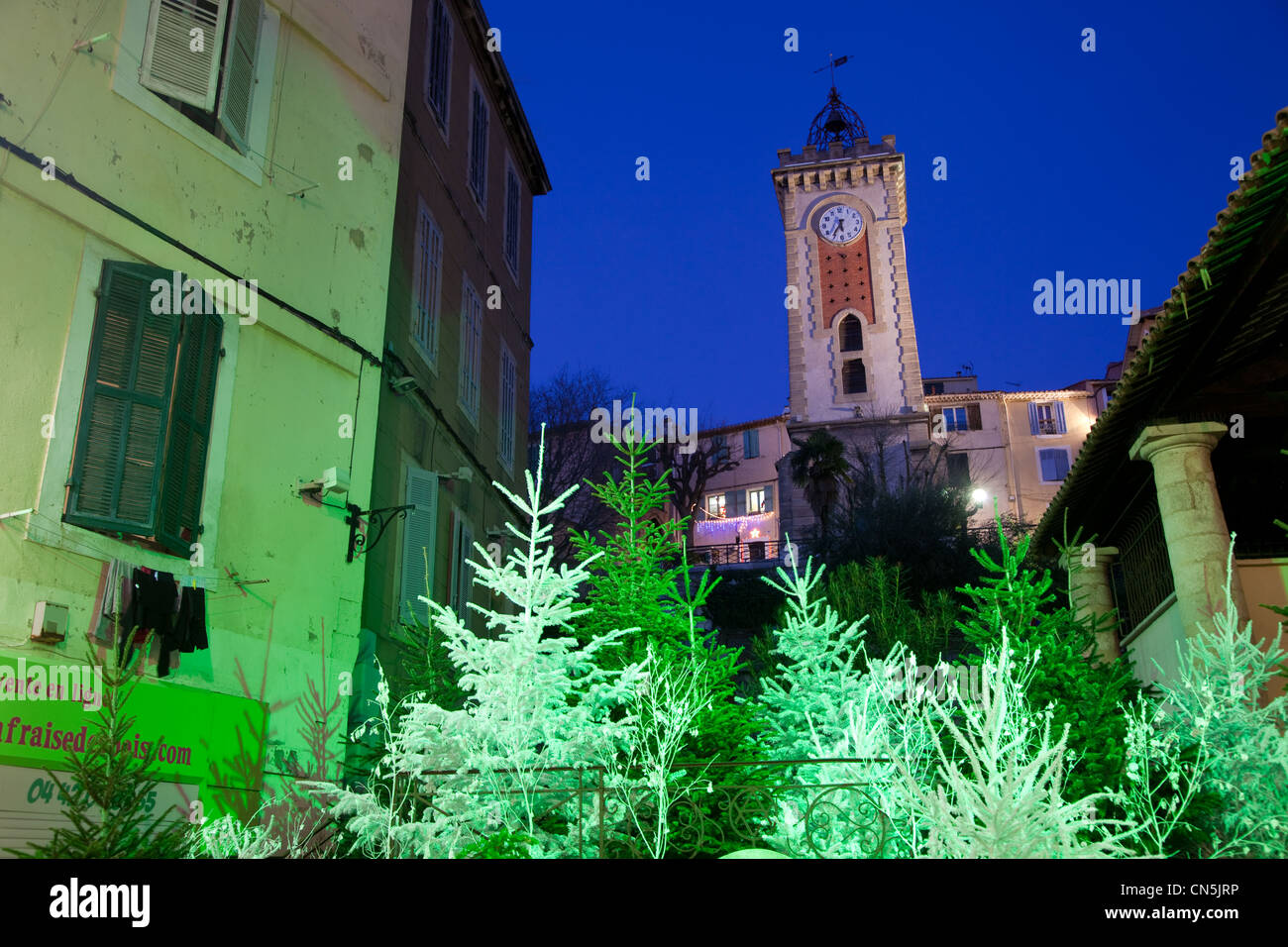 Frankreich, Bouches du Rhone, Aubagne, Kirche und Weihnachtsschmuck, Weihnachtsbäume Stockfoto