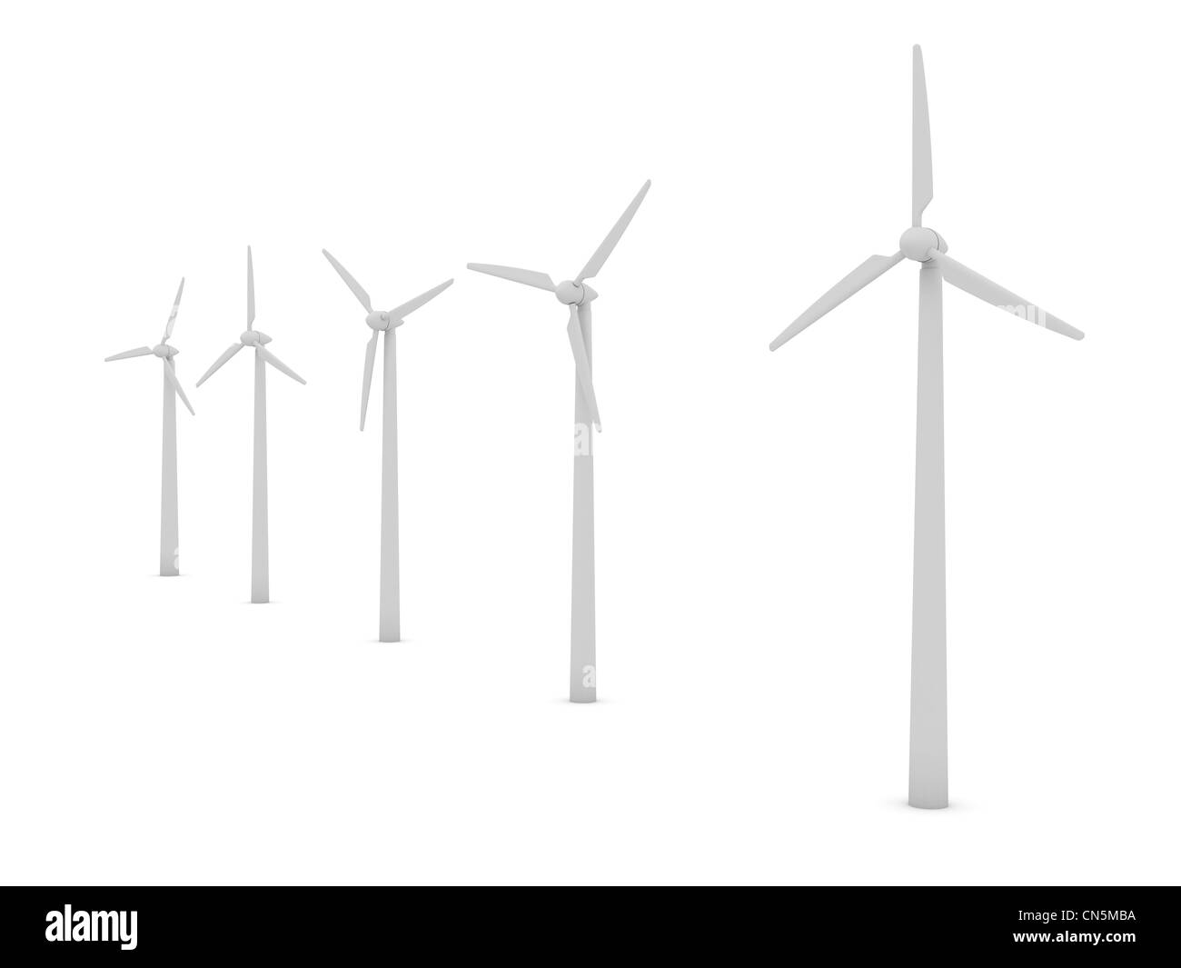 Windkraftanlagen auf weißem Hintergrund. computergenerierte Bild Stockfoto